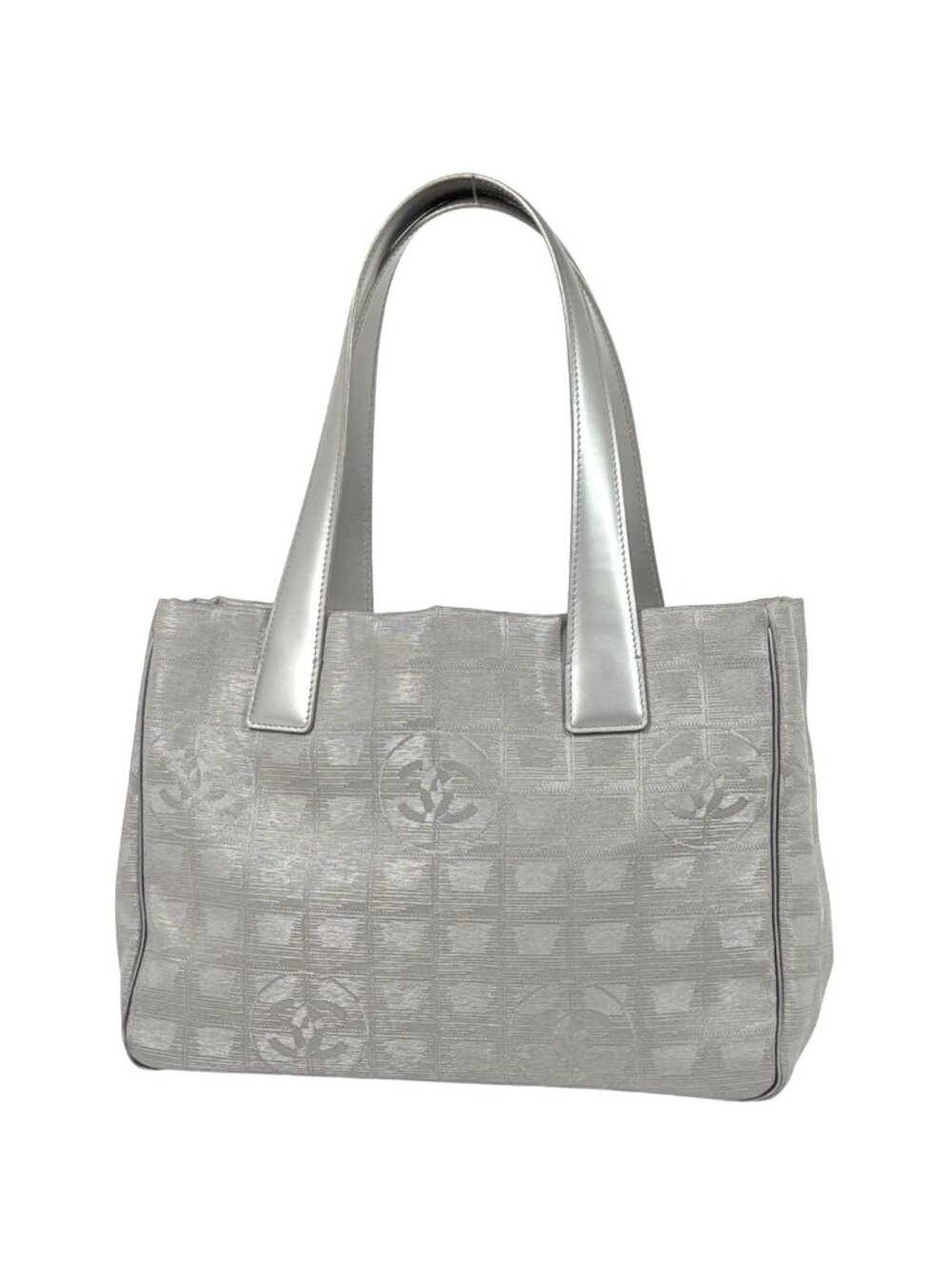 Chanel New Travel Line Tote PM CC Logo Handbag Nylon Jacquard Gray 8